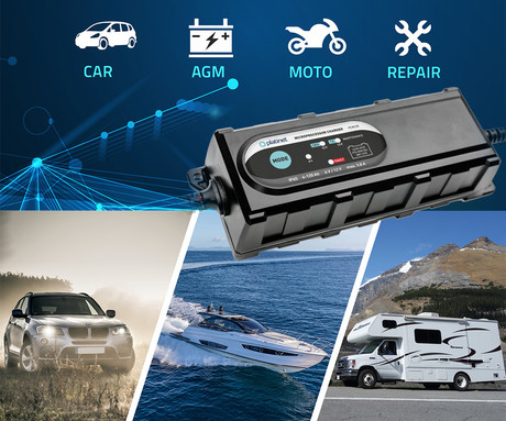 PLATINET PCBC38 pametni polnilec / vzdrževalec akumulatorja, 6V/12V, 1A/3.8A, 6-stopenjski, za vse vrste baterij / akumulatorjev, vgrajen mikroprocesor, LED indikatorji, IP65 vodoodpornost, črn