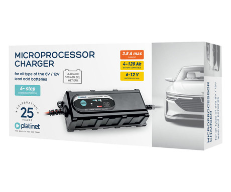 PLATINET PCBC38 pametni polnilec / vzdrževalec akumulatorja, 6V/12V, 1A/3.8A, 6-stopenjski, za vse vrste baterij / akumulatorjev, vgrajen mikroprocesor, LED indikatorji, IP65 vodoodpornost, črn