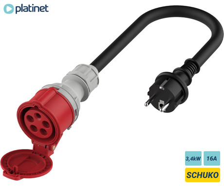 PLATINET A11C35S prenosni EV adapter za polnjenje / napajanje, 3.6kW, 16A, 3-fazni, 20cm, 1-fazni CEE RED, Plug&Play, za električna / hibridna vozila, črn