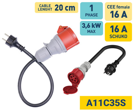 PLATINET A11C35S prenosni EV adapter za polnjenje / napajanje, 3.6kW, 16A, 3-fazni, 20cm, 1-fazni CEE RED, Plug&Play, za električna / hibridna vozila, črn