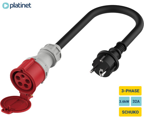 PLATINET A22C35S prenosni EV adapter za polnjenje / napajanje, 7.4kW, 32A, 3-fazni, 20cm, SCHUKO, Plug&Play, za električna / hibridna vozila, črn
