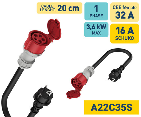PLATINET A22C35S prenosni EV adapter za polnjenje / napajanje, 7.4kW, 32A, 3-fazni, 20cm, SCHUKO, Plug&Play, za električna / hibridna vozila, črn