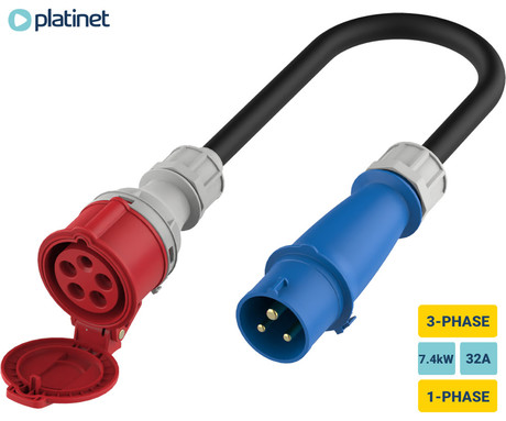 PLATINET A22C7MC prenosni EV adapter za polnjenje / napajanje, 7.4kW, 32A, 3-fazni, 20cm, 1-fazni CEE BLUE, Plug&Play, za električna / hibridna vozila, črn
