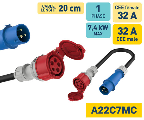 PLATINET A22C7MC prenosni EV adapter za polnjenje / napajanje, 7.4kW, 32A, 3-fazni, 20cm, 1-fazni CEE BLUE, Plug&Play, za električna / hibridna vozila, črn
