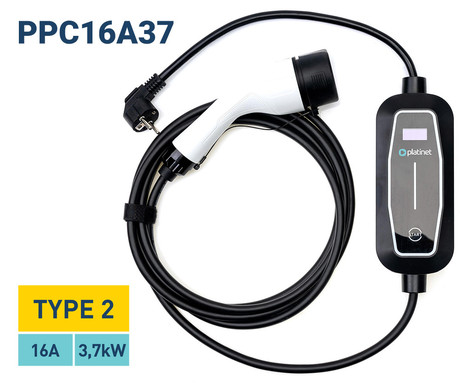 PLATINET PPC16A37 prenosni EV električni polnilec, 3.7kW, 16A, 5m, za električna / hibridna vozila, TYPE 2, SCHUKO, LED zaslon, torba