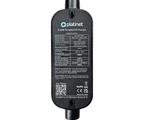 PLATINET PPC16A37 prenosni EV električni polnilec, 3.7kW, 16A, 5m, za električna / hibridna vozila, TYPE 2, SCHUKO, LED zaslon, torba