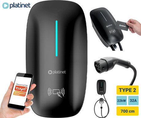 PLATINET PWB22S EV polnilna postaja za električna vozila, 22kW, 32A, 7m kabel, TYPE 2, Plug & Play / RFID kartice / aplikacija, WIFI, Bluetooth, LED indikator, IP55 odpornost, varnostne zaščite, črna