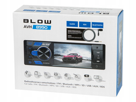 BLOW AVH8990 avto radio, FM Radio, Bluetooth, 4x60W, LCD zaslon, telefoniranje, MP3 / USB / microSD / AUX, daljinski upravljalnik, 1-DIN