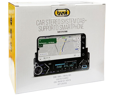 TREVI SCD 5753 DAB avto radio, 1DIN, FM Radio, Bluetooth, 4x40W, MP3 / USB / AUX, nosilec za telefon, daljinski upravljalnik, aplikacija