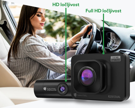 NAVITEL R250 DUAL avto kamera, 2", Full HD, 140° snemalni kot, G-senzor, Night Vision, Parking Mode, zaznavanje gibanja, aplikacija, darilni bon, +vzvratna kamera, črna