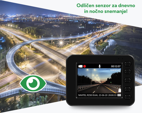 NAVITEL R250 DUAL avto kamera, 2", Full HD, 140° snemalni kot, G-senzor, Night Vision, Parking Mode, zaznavanje gibanja, aplikacija, darilni bon, +vzvratna kamera, črna