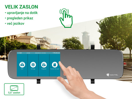 NAVITEL MR450 GPS ogledalo / avto kamera, 5.5", Full HD, 160° snemalni kot, G-senzor, GPS, WiFi, Parking Mode, zaznavanje gibanja, aplikacija, darilni bon, +vzvratna kamera