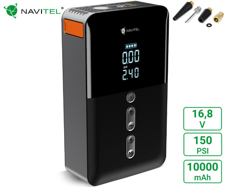 NAVITEL AIR 30 MULTI brezžična zračna tlačilka / zagonska baterija jump starter, 150PSI, 30L/min, 16,8V, polnilna baterija, LCD zaslon, merilnik tlaka, LED svetilka, 4 adapterji, + torba, črna