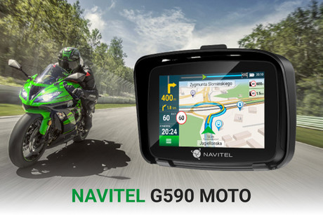 NAVITEL G590 MOTO navigacija GPS, za motoriste, 5" zaslon, baterija, Bluetooth, IP66 vodoodpornost, nameščeni zemljevidi, naprstnik, črna