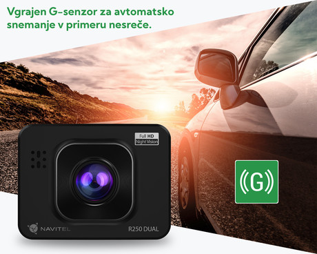 Avto kamera NAVITEL R250 Dual, + vzvratna kamera, Full HD, 2" zaslon, Night Vision, 140° snemalni kot, G-senzor, aplikacija