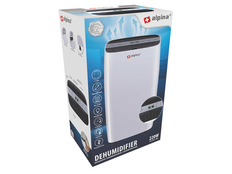 ALPINA razvlažilec zraka, 220W, 10L/24ur, do 100m3, časovnik, higrometer, tiho delovanje, priložena odtočna cev
