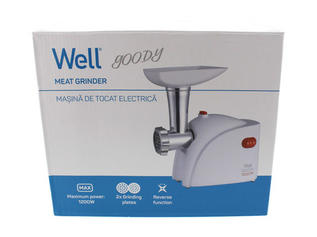 Električni mlinček za meso WELL GOODY, 1200W, za meso / klobase / mesne kroglice, priloženi nastavki, hitro delovanje, belo-srebrn