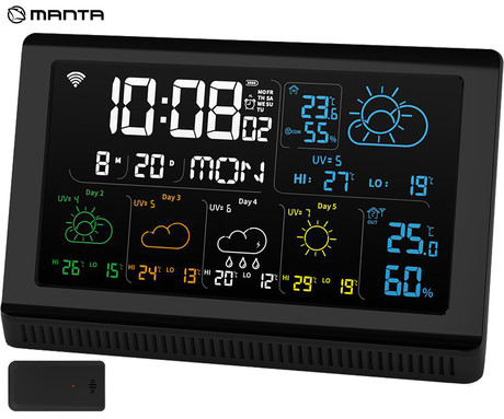 MANTA MTO200B WINDY vremenska postaja, pametna, namizna, čas, vreme, temperatura, vlažnost, tlak, priložen 1x brezžični senzor, črna