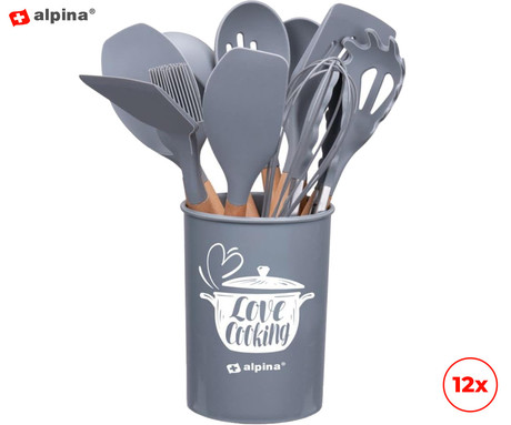 ALPINA komplet 12 kuhinjskih pripomočkov, 12 kos, silikon, lesen ročaj, + držalo, siva