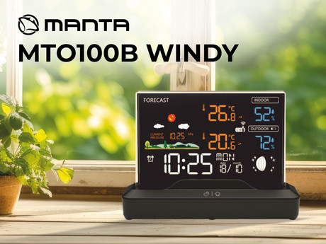 MANTA MTO100B WINDY vremenska postaja, namizna, čas, vreme, temperatura, vlažnost, tlak, lunine mene, priložen 1x brezžični senzor, črna