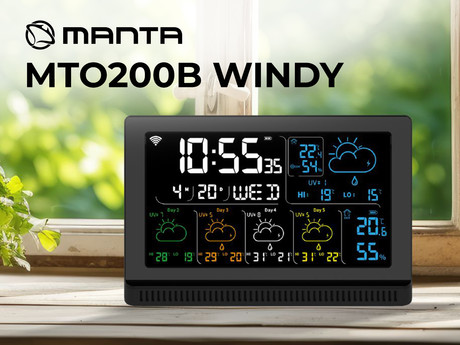 MANTA MTO200B WINDY vremenska postaja, pametna, namizna, čas, vreme, temperatura, vlažnost, tlak, priložen 1x brezžični senzor, črna
