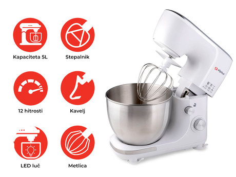 ALPINA kuhinjski robot, 5L posoda, 12 hitrosti, pulzna funkcija, 3 nastavki, bel