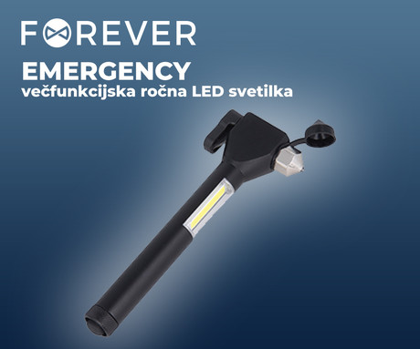 FOREVER EMERGENCY večfunkcijska ročna LED svetilka, 80 LM, kladivo, rezalnik varnostnih pasov, magnet, baterijsko delovanje, črna