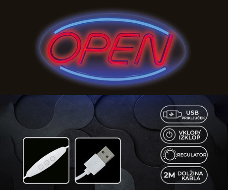 FOREVER Open NEON LED luč, dekorativna, napajanje na USB Type-A, stikalo za vklop / izklop, regulator svetlobe, 45x22x1.6 cm, modra, rdeča