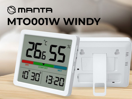 MANTA MTO001W WINDY brezžični termometer, higrometer, namizni / stenski, čas, datum, temperatura, vlažnost, indikator udobja, 2xCR2032, bel