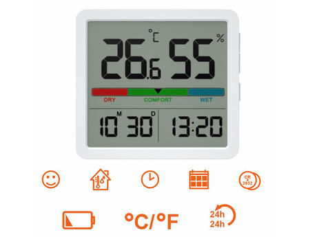 MANTA MTO001W WINDY brezžični termometer, higrometer, namizni / stenski, čas, datum, temperatura, vlažnost, indikator udobja, 2xCR2032, bel