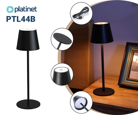 PLATINET PTL44B brezžična namizna LED svetilka, do 400 lumnov, nastavljiva svetlost, nastavljiva barvna temperatura, 4000mAh polnilna baterija, IP44 odpornost, USB Type-C, 37x12cm, kovina, črna