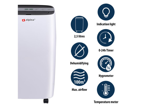 ALPINA razvlažilec zraka, 220W, 10L/24ur, do 100m3, časovnik, higrometer, tiho delovanje, priložena odtočna cev