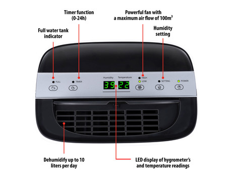 ALPINA razvlažilec zraka, 220W, 10L/24ur, do 100m3, časovnik, higrometer, tiho delovanje, priložena odtočna cev