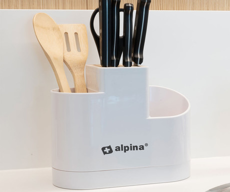 ALPINA organizator za kuhinjske pripomočke, držala za pribor + držalo za nože + reže za odtekanje vode, 25,5x21x12x5 cm, bel