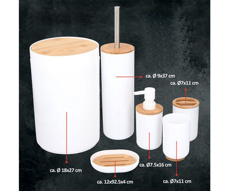 ALPINA 6V1 komplet za WC, koš, ščetka, dozirnik, držalo, posoda, skodelica, bambus + ABS, rjava, bela