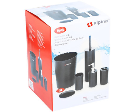 ALPINA 6V1 komplet za WC, koš, ščetka, dozirnik, držalo, posoda, skodelica, ABS, črna