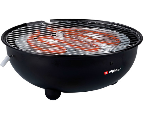 ALPINA BBQ električni žar, 1250W, okrogel, brez razvoja dima, zunanja + notranja uporaba, odstranljivo stojalo, črn