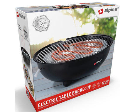 ALPINA BBQ električni žar, 1250W, okrogel, brez razvoja dima, zunanja + notranja uporaba, odstranljivo stojalo, črn