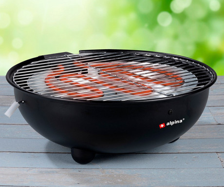 ALPINA BBQ električni žar, 1250W, okrogel, brez razvoja dima, zunanja + notranja uporaba, odstranljivo stojalo, črn