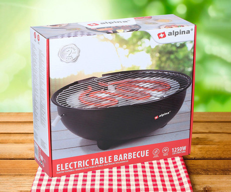 ALPINA BBQ električni žar, 1250W, okrogel, brez razvoja dima, zunanja + notranja uporaba, odstranljivo stojalo, črn