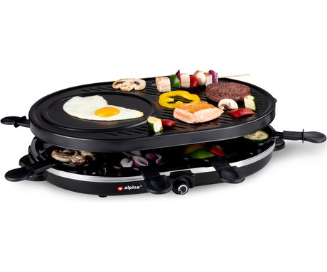 ALPINA GRILL električni žar / raclette, gourmet, 1200W, gladka + rebrasta plošča, 8x ponev + 8x lopatka, ovalen, do 8 oseb, črn