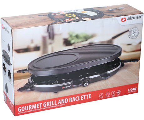 ALPINA GRILL električni žar / raclette, gourmet, 1200W, gladka + rebrasta plošča, 8x ponev + 8x lopatka, ovalen, do 8 oseb, črn