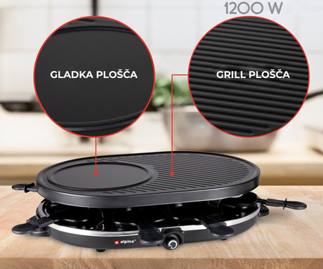 ALPINA GRILL električni žar / raclette, gourmet, 1200W, gladka + rebrasta plošča, 8x ponev + 8x lopatka, ovalen, do 8 oseb, črn