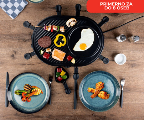 ALPINA GRILL električni žar / raclette, gourmet, 1200W, gladka + rebrasta plošča, 8x ponev + 8x lopatka, ovalen, do 8 oseb, črn