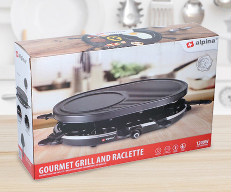 ALPINA GRILL električni žar / raclette, gourmet, 1200W, gladka + rebrasta plošča, 8x ponev + 8x lopatka, ovalen, do 8 oseb, črn