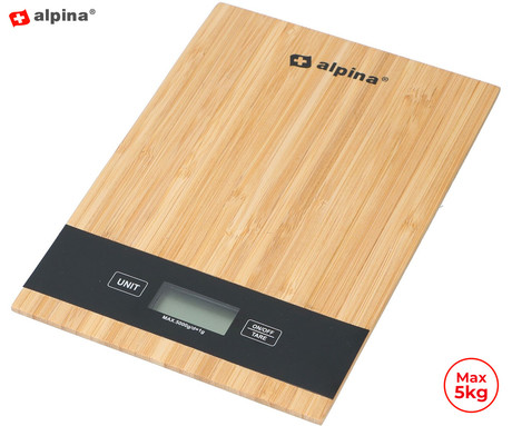 ALPINA digitalna kuhinjska tehtnica, max 5kg, LCD zaslon, funkcija TARA, samodejni izklop, bambus, rjava, črna