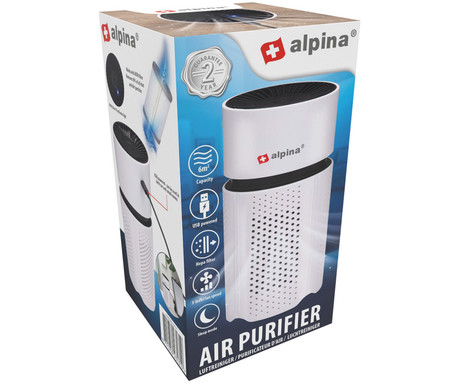 ALPINA čistilec zraka, filter HEPA 13, ionizator, do 6 m2, 3 nivoji, tihi način, vhod USB-C, bel