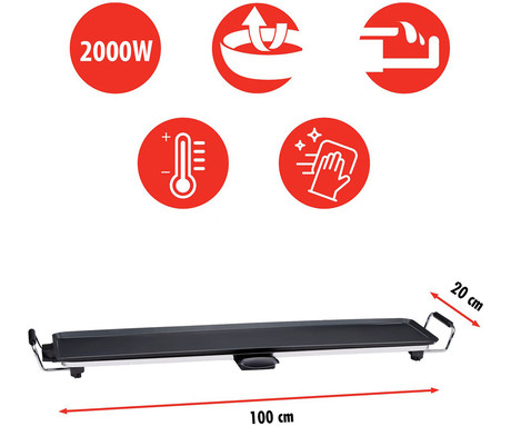 ALPINA Teppanyaki GRILL električna žar plošča, jeklo, aluminij, moč 2000W, nastavljiva temperatura,  100x22cm