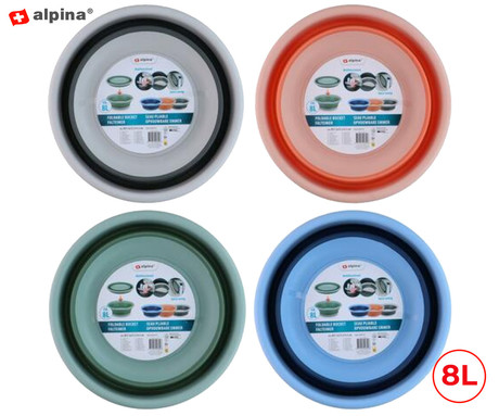 ALPINA zložljivo vedro / posoda, 8L, trpežna guma + ABS, prihranitev prostora, 37.5x37.5x13.5cm, siva, modra, zelena, rdeča