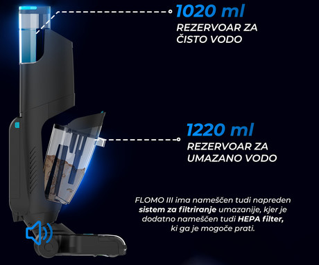 MAMIBOT FLOMO III sesalnik in pomivalec, 3v1, brezžično delovanje, 13.000Pa sesalna moč, polnilna baterija, UV dezinfekcija, funkcija samočiščenja, LED zaslon, za vse površine, črn